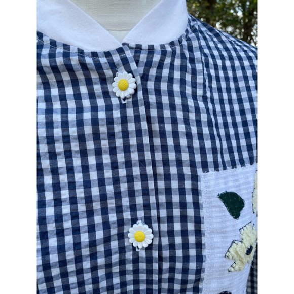 Vintage Gingham Check Seer Sucker Blouse Applique Flowers Daisy Buttons - Picture 10 of 14
